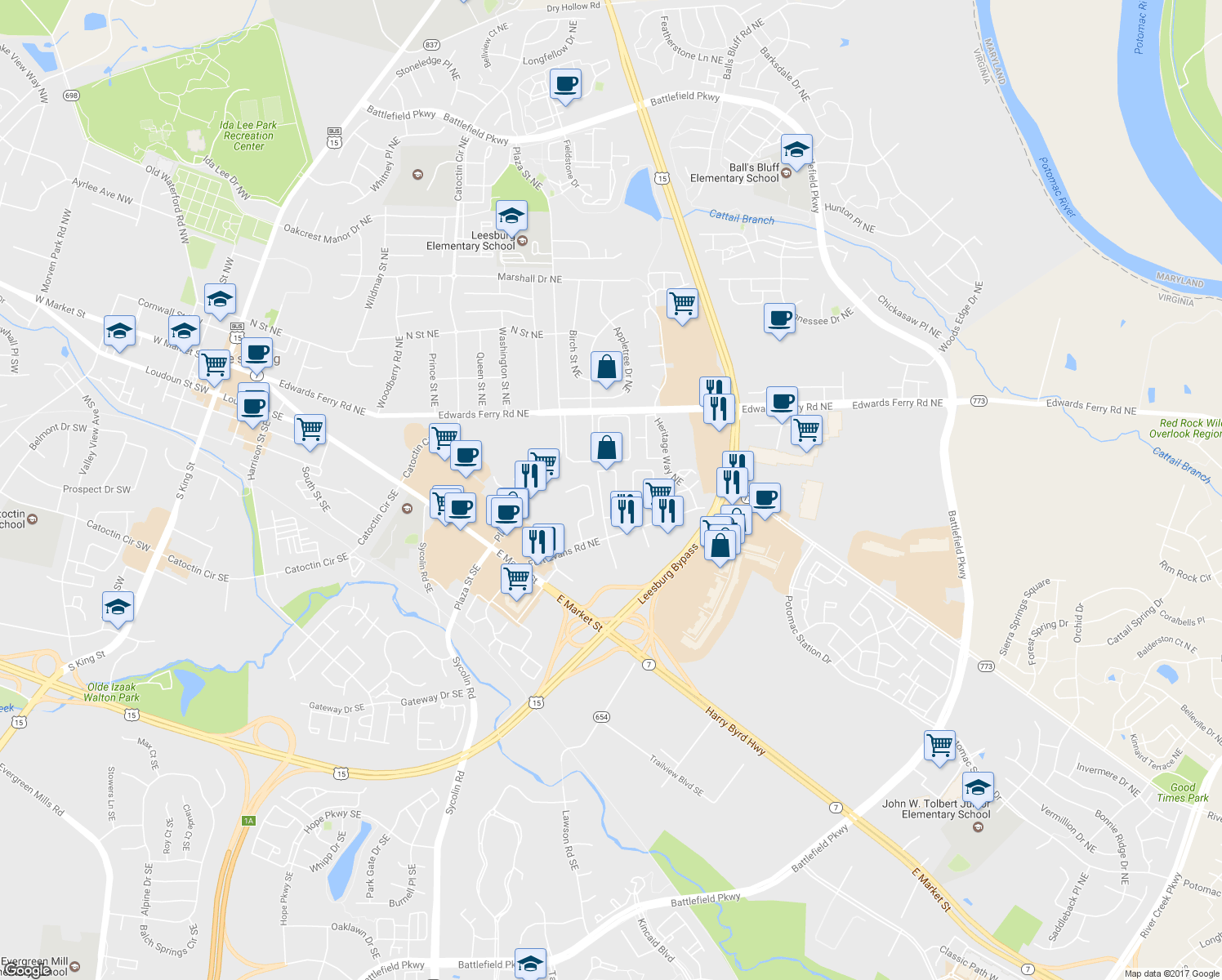map of restaurants, bars, coffee shops, grocery stores, and more near 220 Meadows Lane Northeast in Leesburg