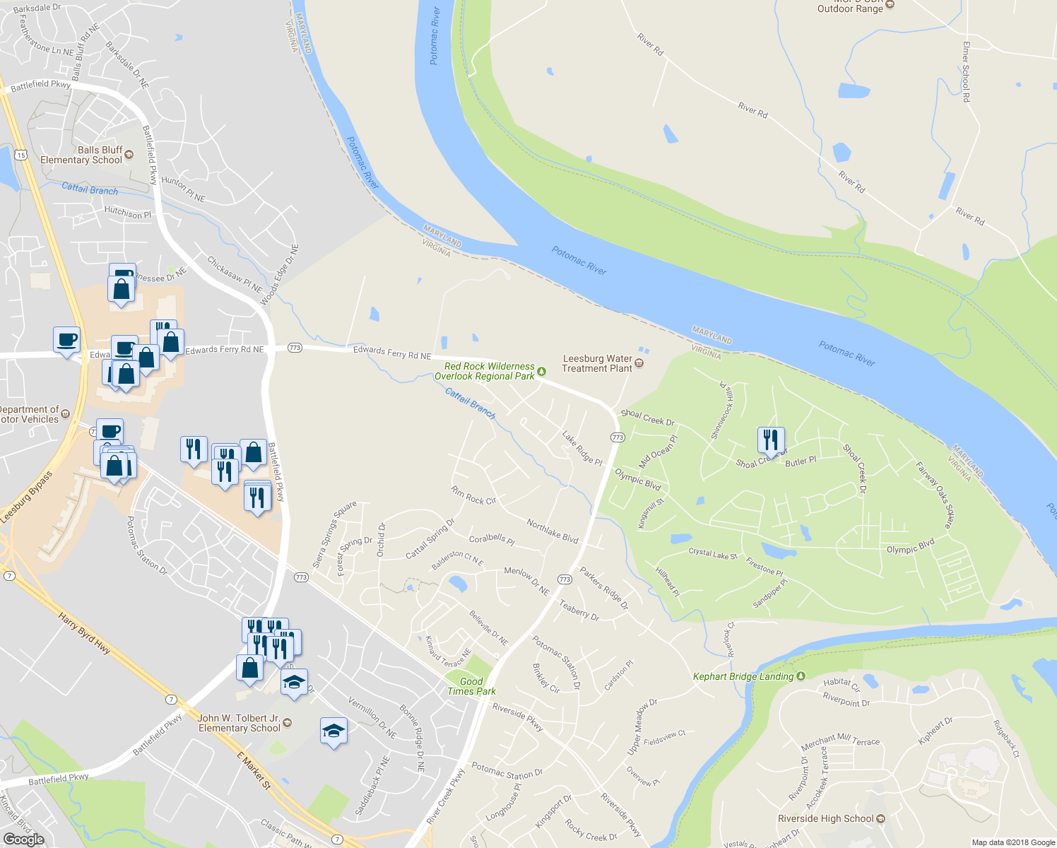 map of restaurants, bars, coffee shops, grocery stores, and more near 43007 Northlake Overlook Terrace in Leesburg