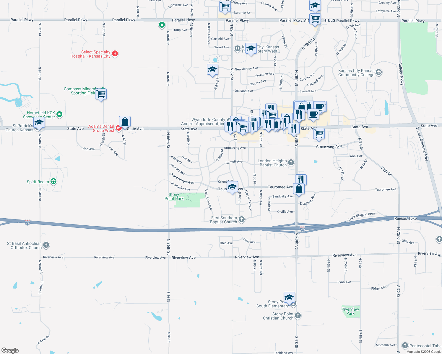map of restaurants, bars, coffee shops, grocery stores, and more near 8305 Hunter Drive in Kansas City