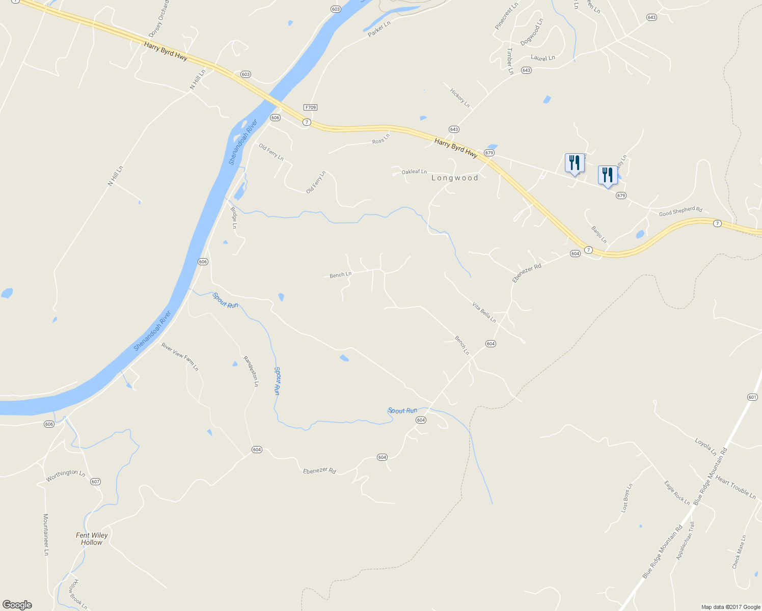 map of restaurants, bars, coffee shops, grocery stores, and more near 435 Bench Lane in Bluemont