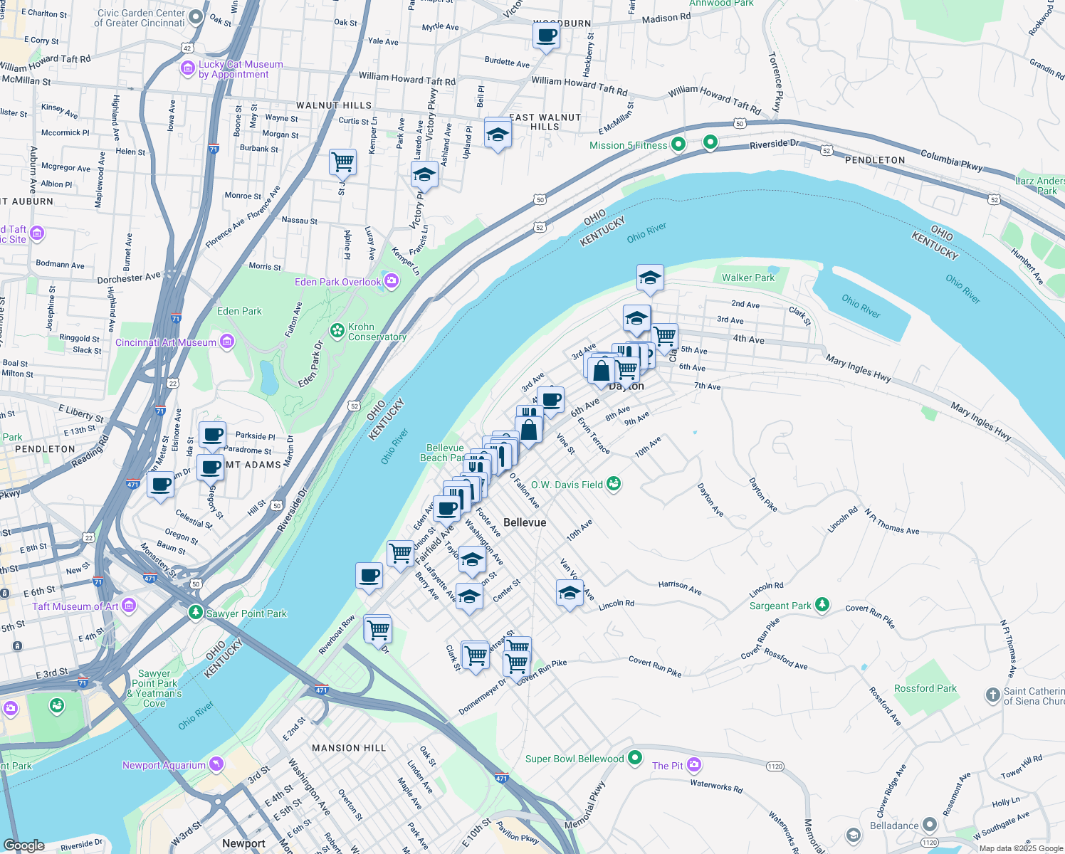 map of restaurants, bars, coffee shops, grocery stores, and more near 215 5th Ave in Dayton