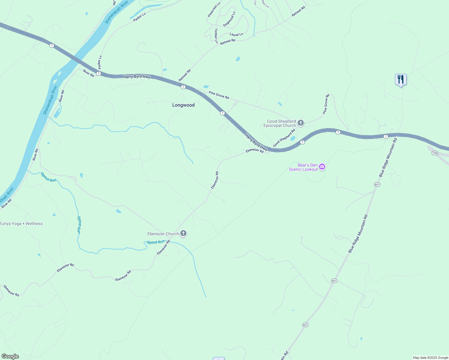 map of restaurants, bars, coffee shops, grocery stores, and more near 23 Ratcliffe Lane in Bluemont