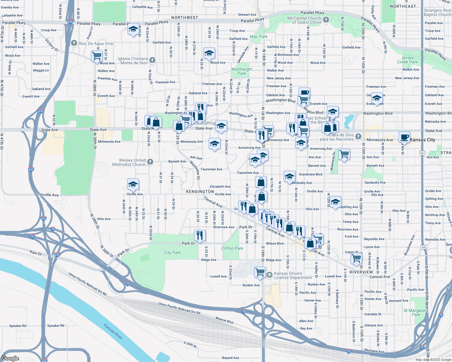 map of restaurants, bars, coffee shops, grocery stores, and more near 2211 Sandusky Avenue in Kansas City