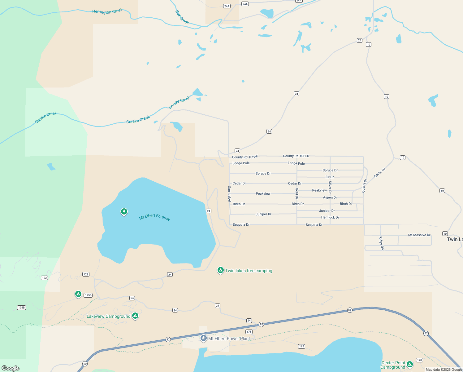 map of restaurants, bars, coffee shops, grocery stores, and more near 107 San Isabel Road in Twin Lakes