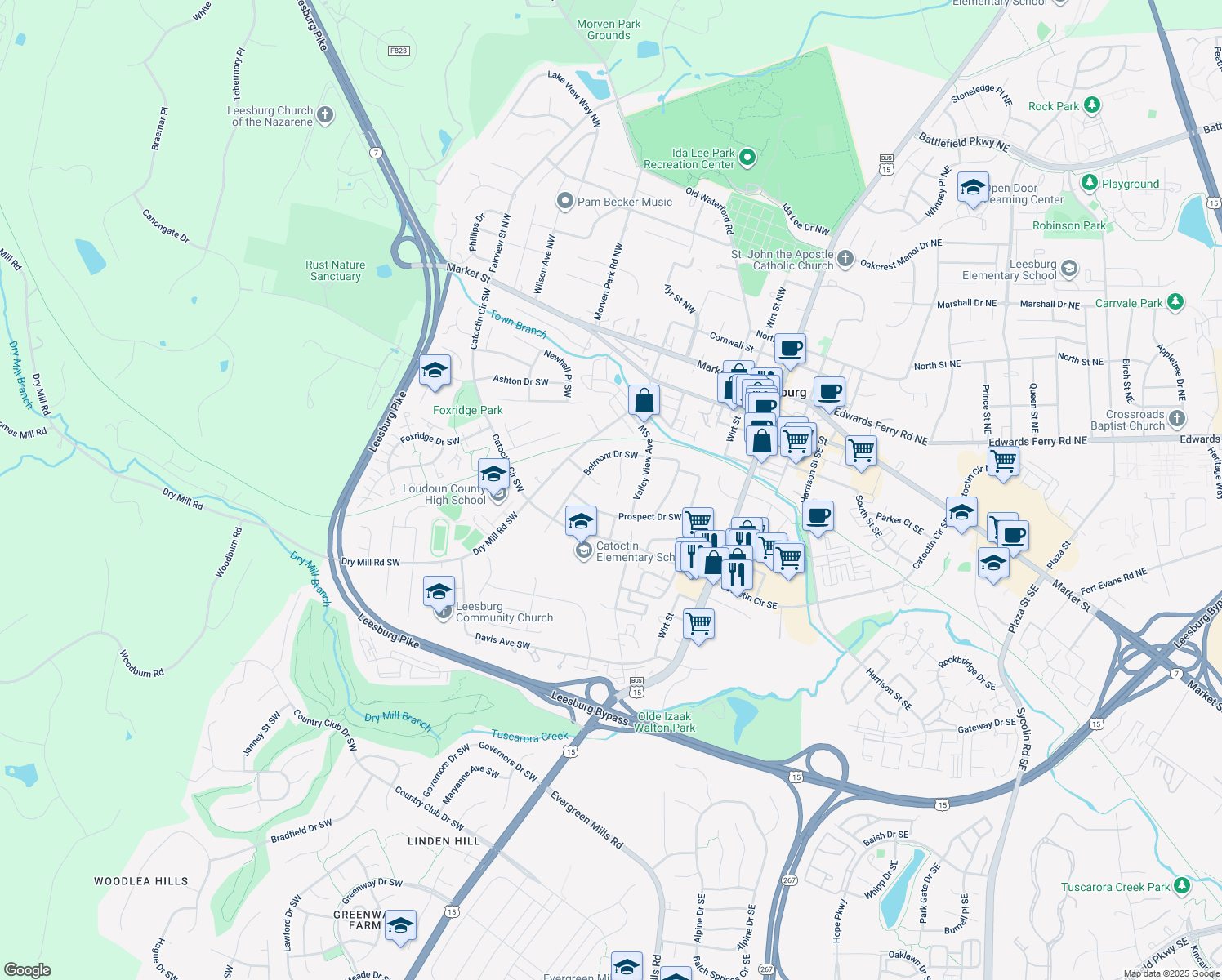 map of restaurants, bars, coffee shops, grocery stores, and more near 311 Belmont Place Southwest in Leesburg