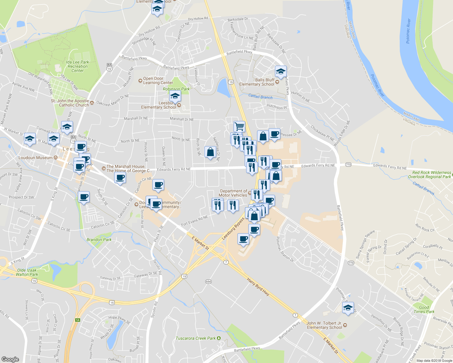map of restaurants, bars, coffee shops, grocery stores, and more near 112 Adams Drive Northeast in Leesburg