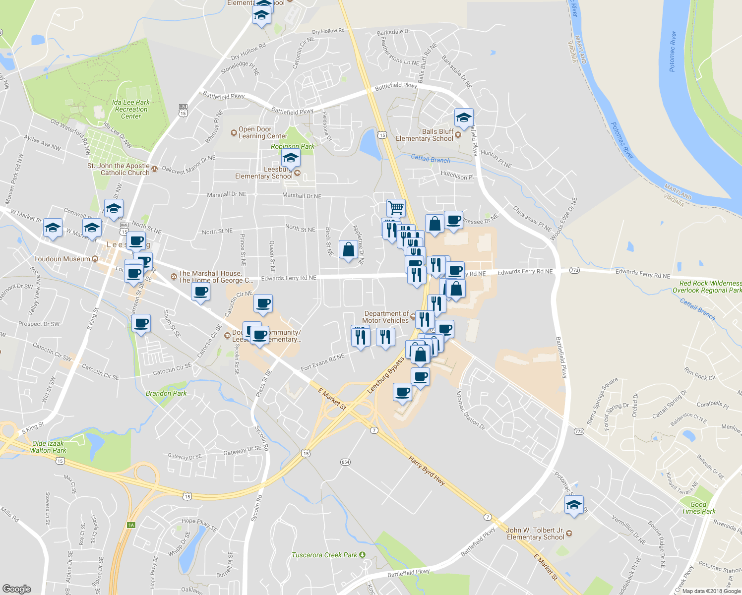 map of restaurants, bars, coffee shops, grocery stores, and more near 109 Adams Drive Northeast in Leesburg