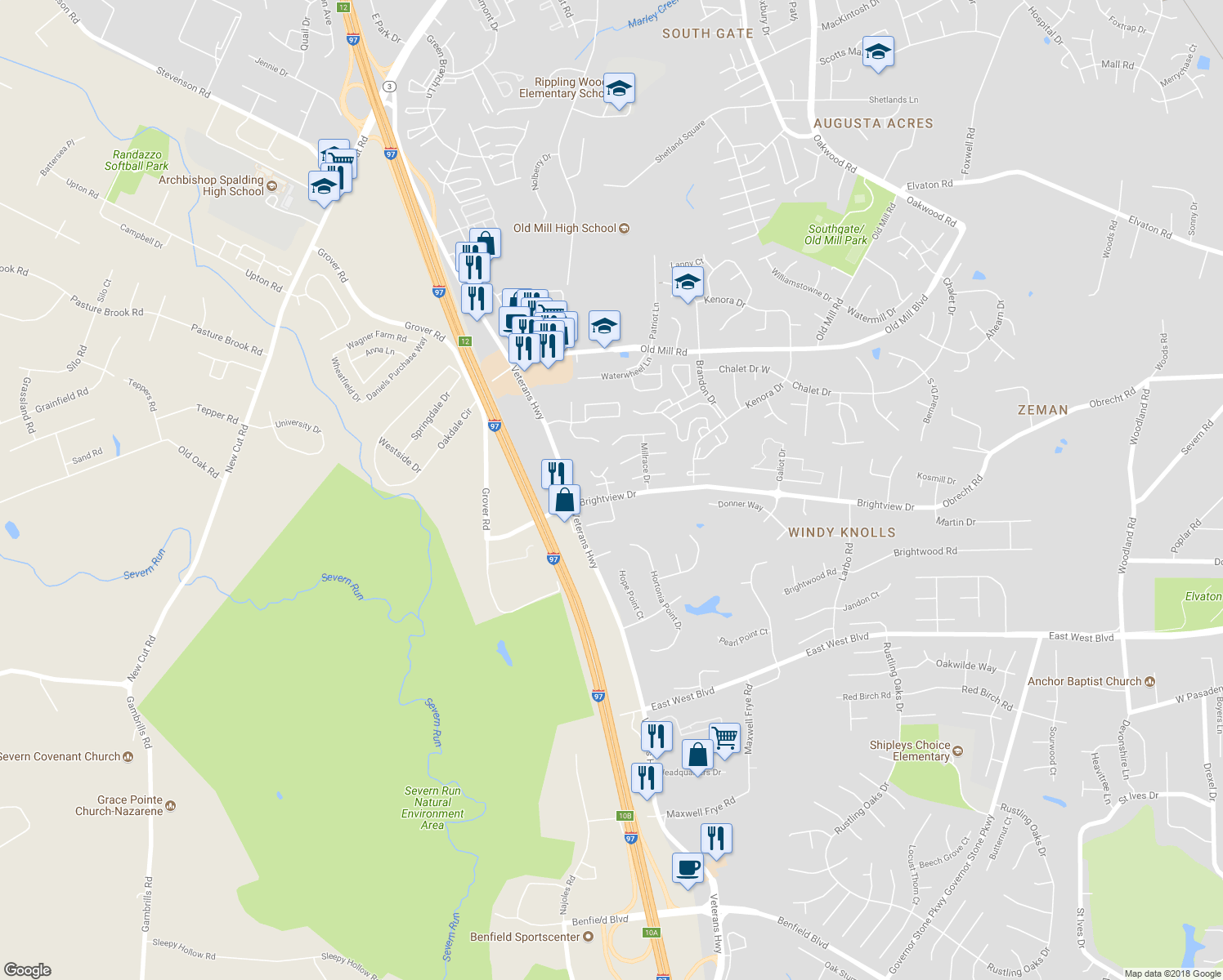 map of restaurants, bars, coffee shops, grocery stores, and more near 605 Gearing Court East in Millersville