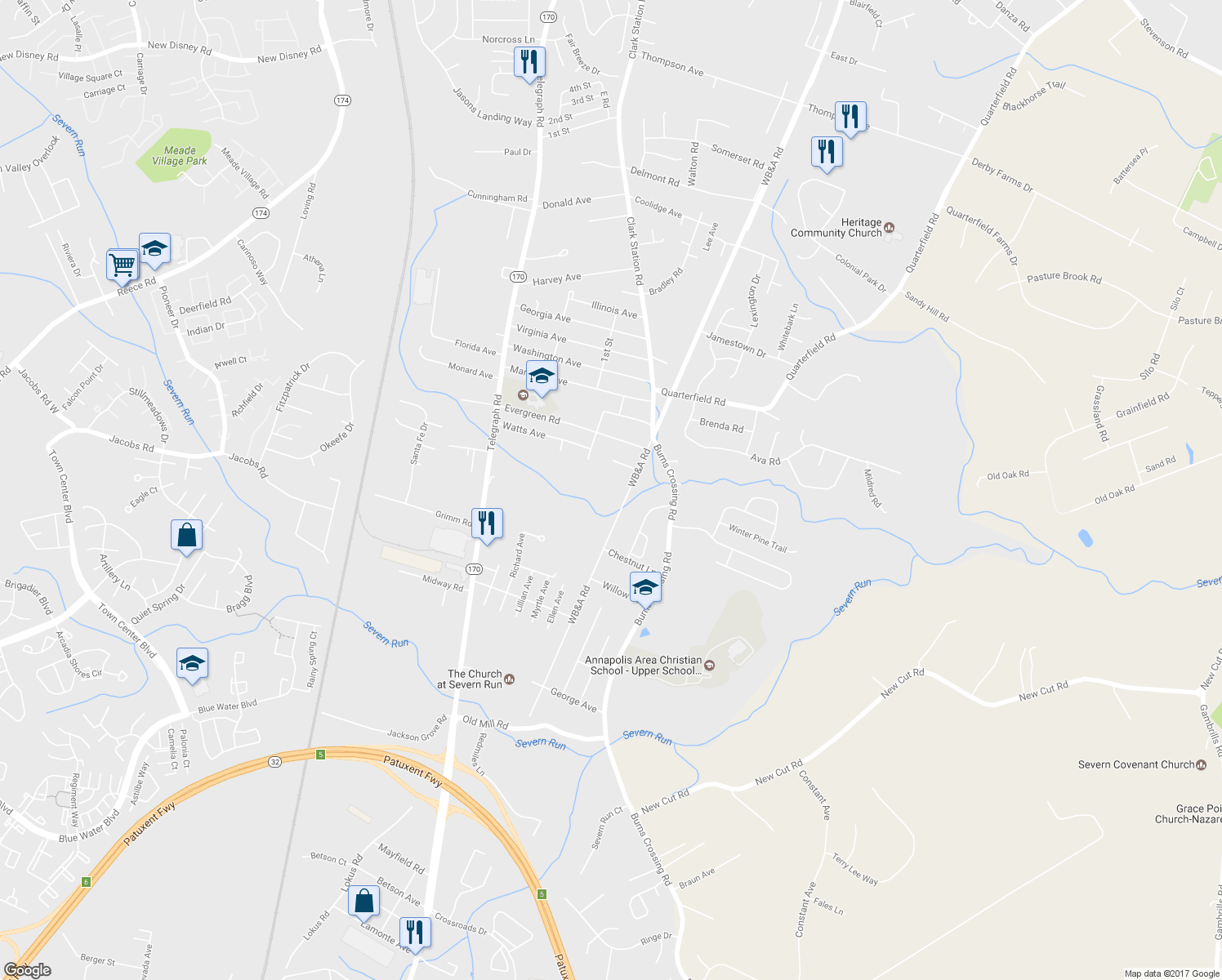 map of restaurants, bars, coffee shops, grocery stores, and more near 8336 WB&A Road in Severn
