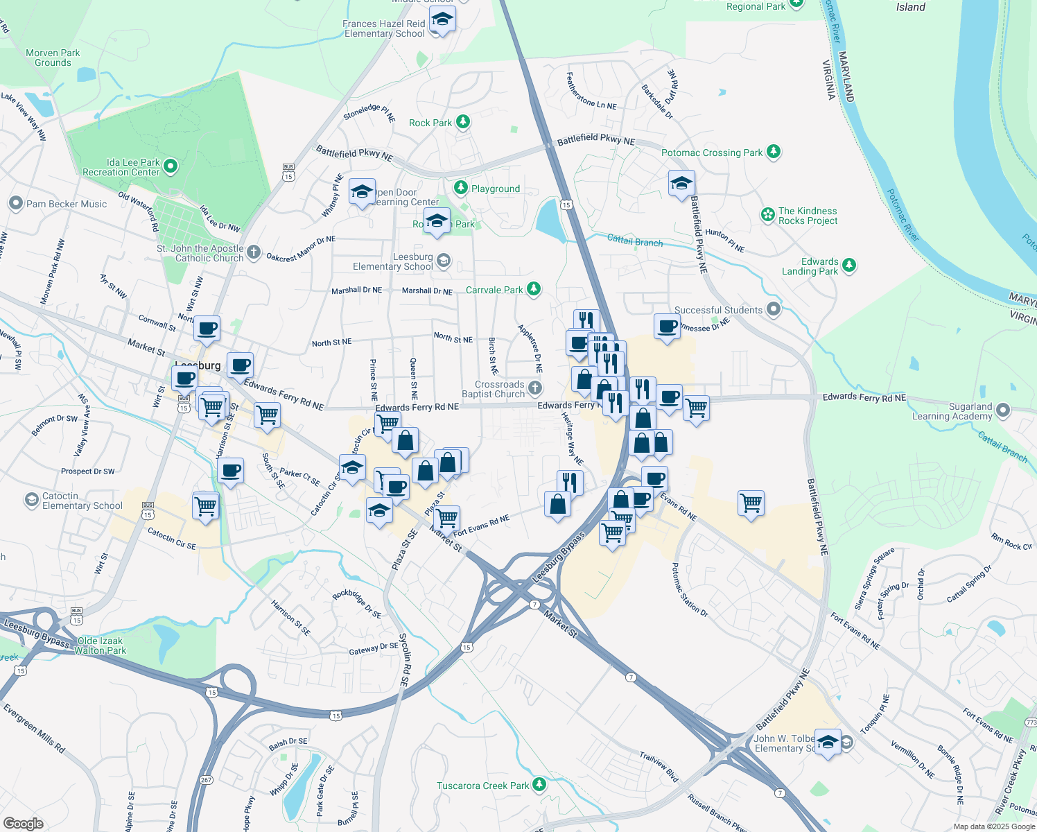 map of restaurants, bars, coffee shops, grocery stores, and more near 130 Hancock Place Northeast in Leesburg