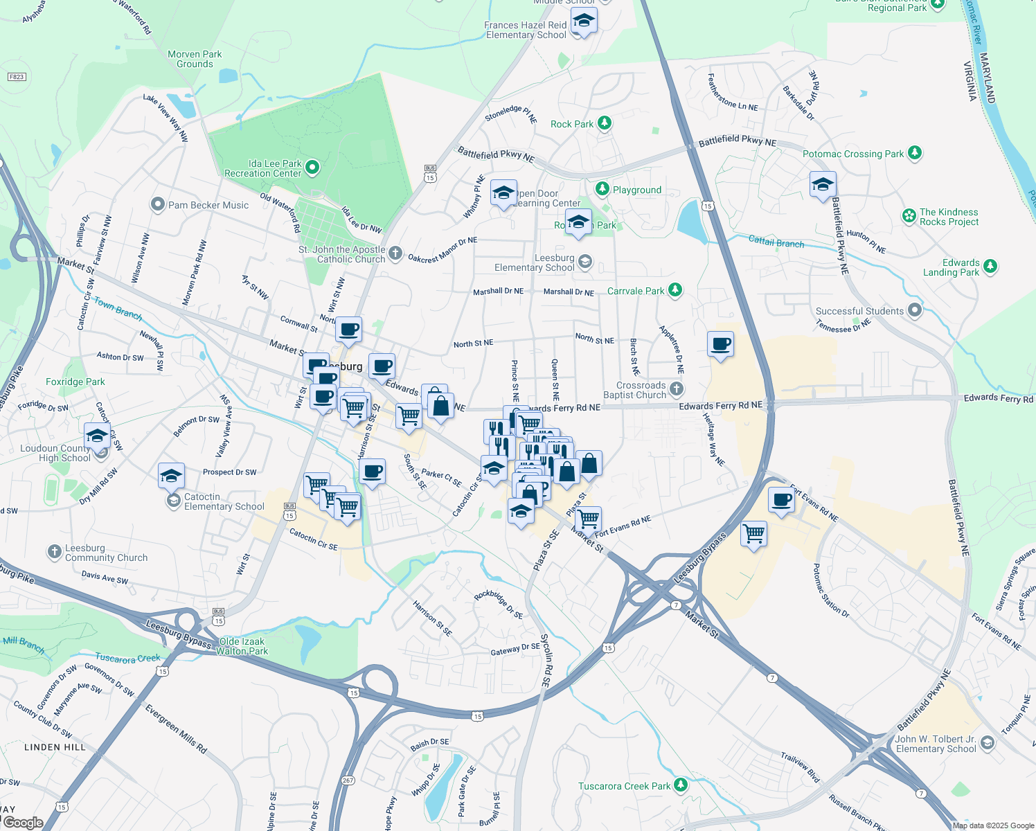 map of restaurants, bars, coffee shops, grocery stores, and more near 401 Edwards Ferry Road Northeast in Leesburg