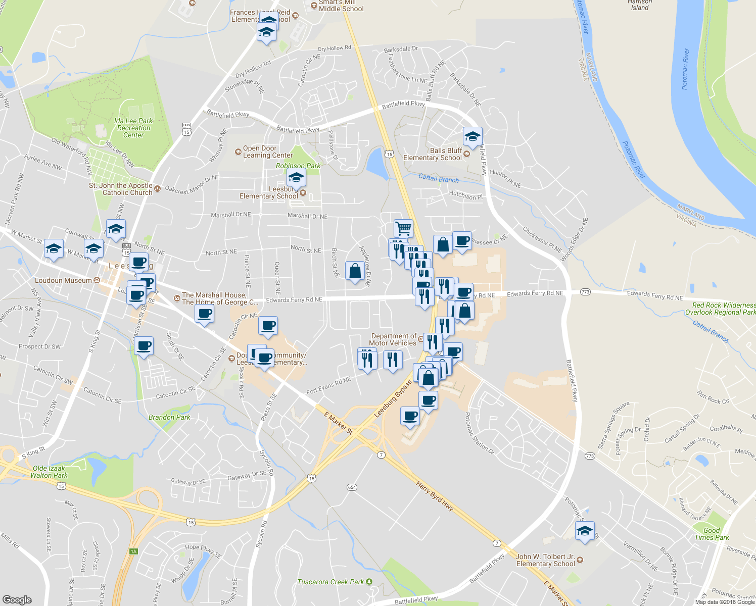 map of restaurants, bars, coffee shops, grocery stores, and more near 33 Adams Drive Northeast in Leesburg