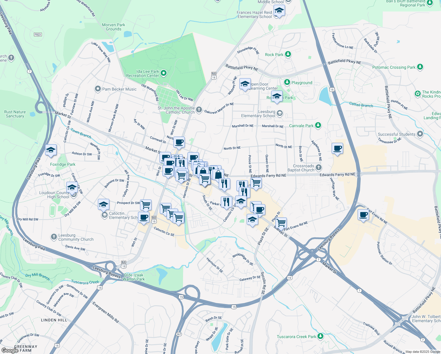 map of restaurants, bars, coffee shops, grocery stores, and more near 237 Edwards Ferry Road Northeast in Leesburg