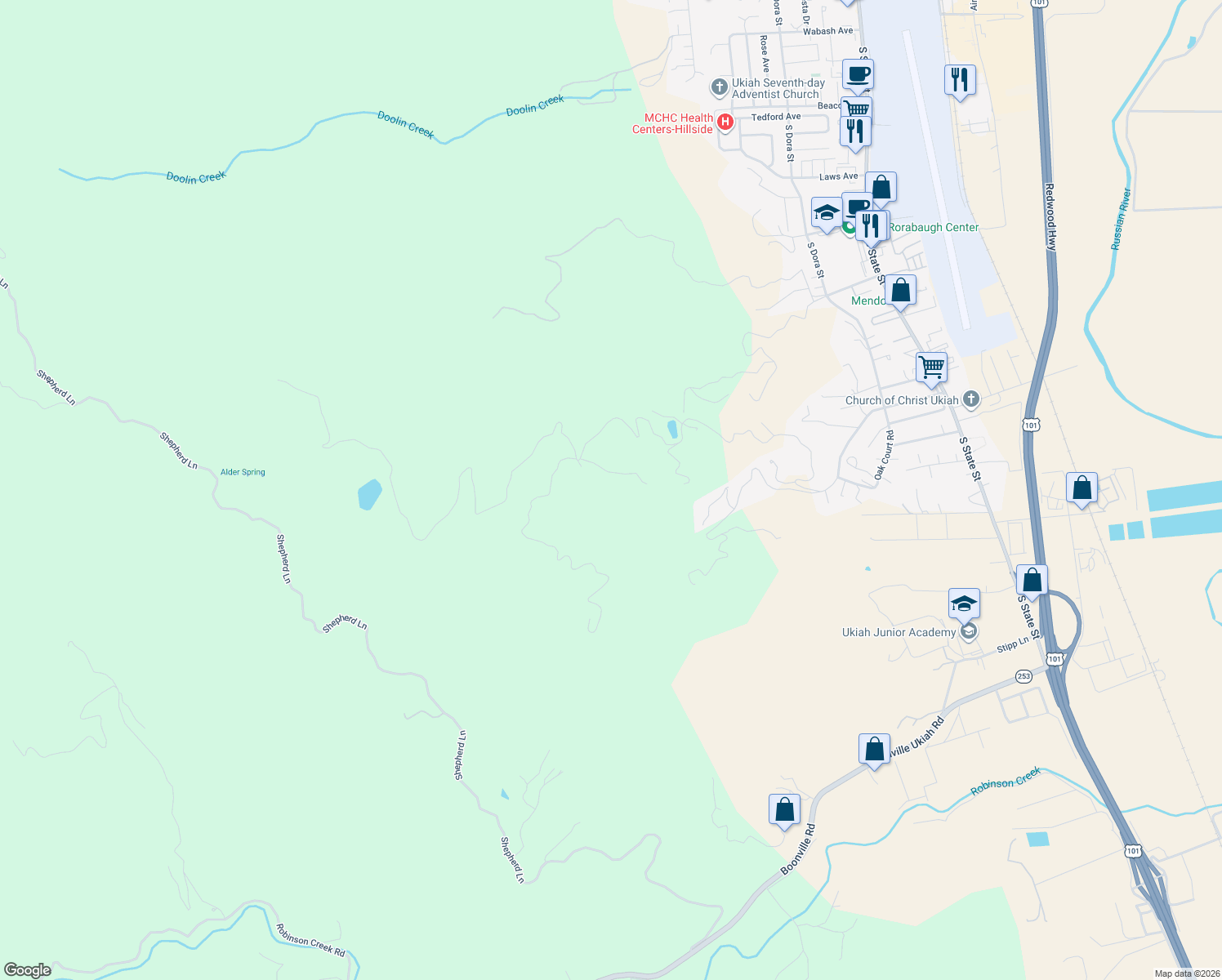 map of restaurants, bars, coffee shops, grocery stores, and more near 1411 Oak Knoll Road in Ukiah