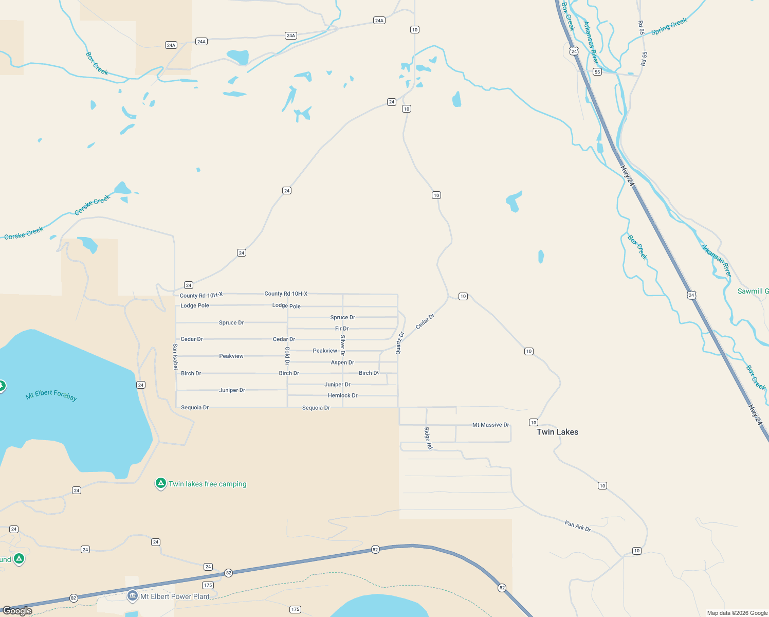 map of restaurants, bars, coffee shops, grocery stores, and more near 86 Ponderosa Lane in Twin Lakes