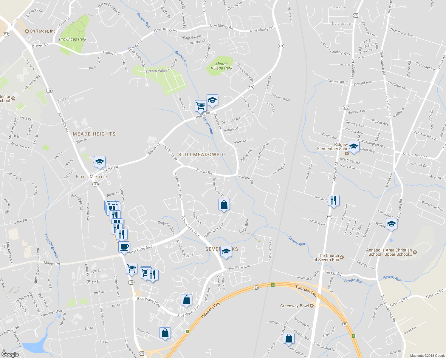 map of restaurants, bars, coffee shops, grocery stores, and more near 1710 Jennifer Meadows Court in Severn