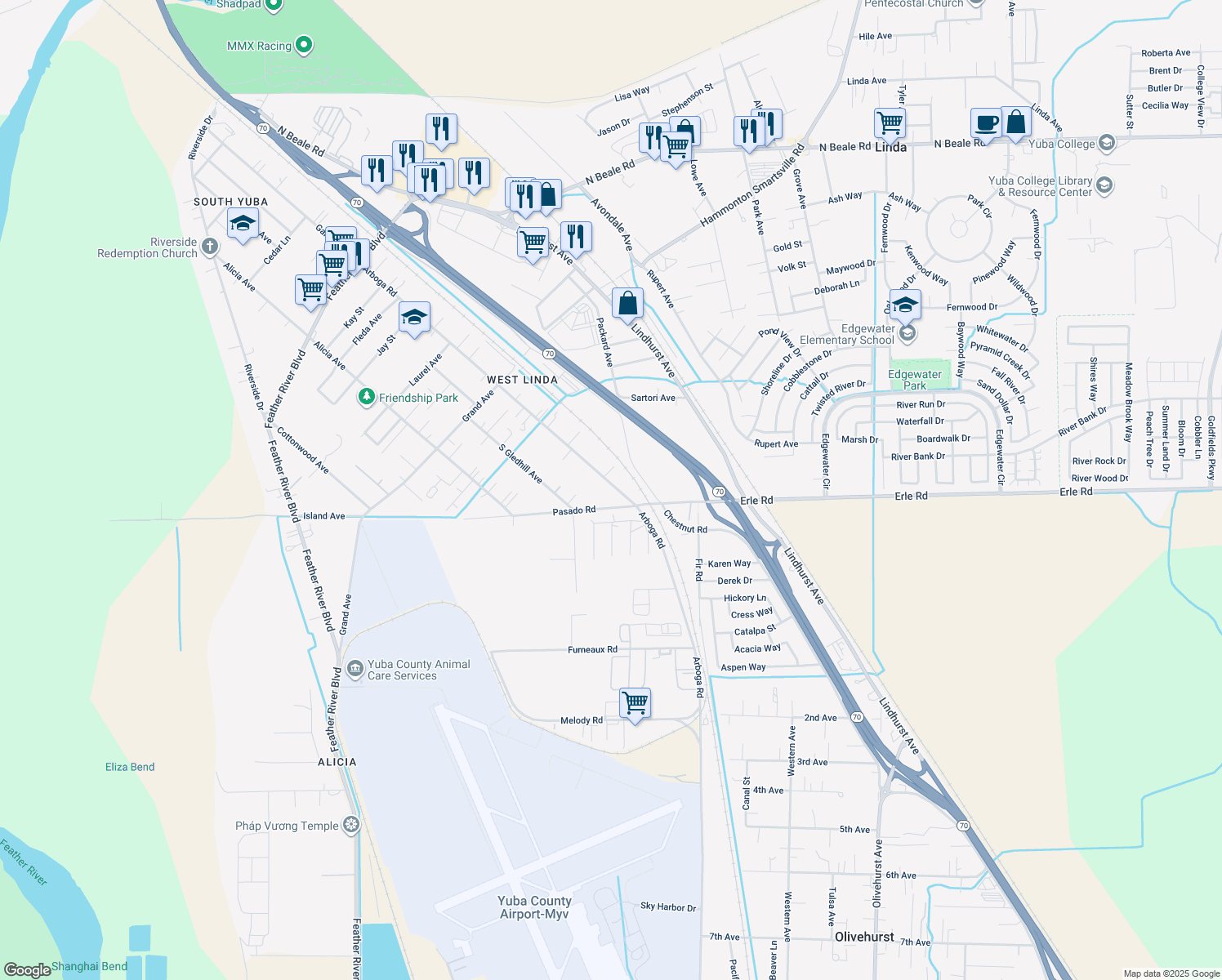 map of restaurants, bars, coffee shops, grocery stores, and more near 5526 Arboga Road in Olivehurst