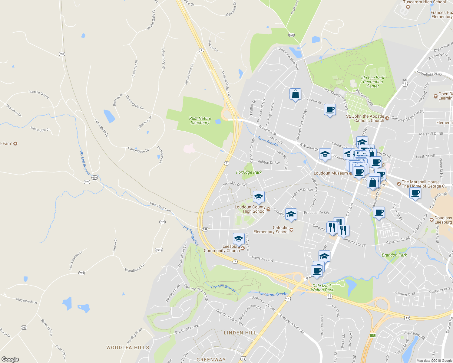 map of restaurants, bars, coffee shops, grocery stores, and more near 469 Foxridge Drive Southwest in Leesburg