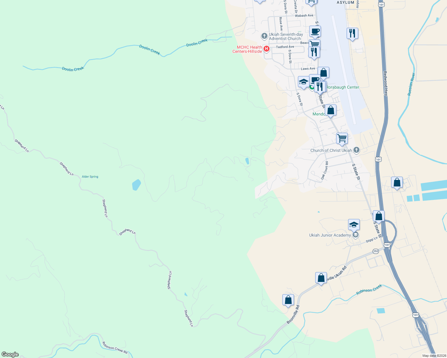 map of restaurants, bars, coffee shops, grocery stores, and more near 1411 Oak Knoll Road in Ukiah