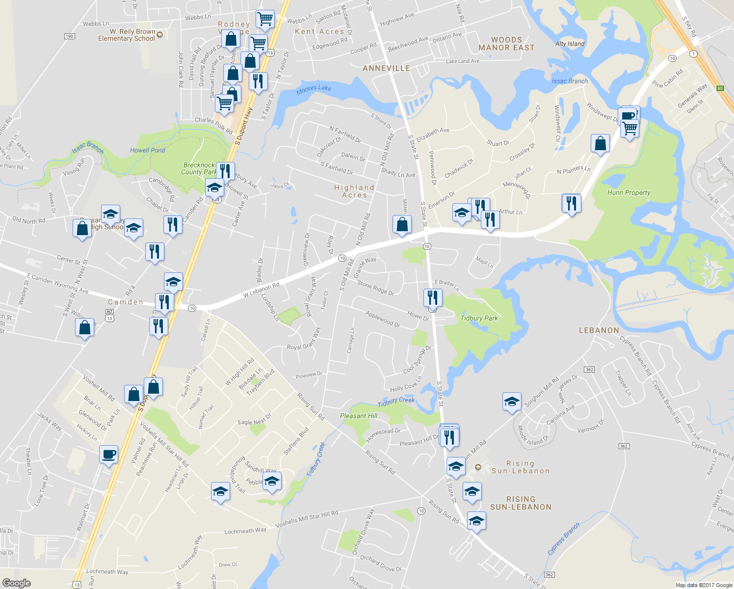 map of restaurants, bars, coffee shops, grocery stores, and more near 119 Howe Drive in Highland Acres