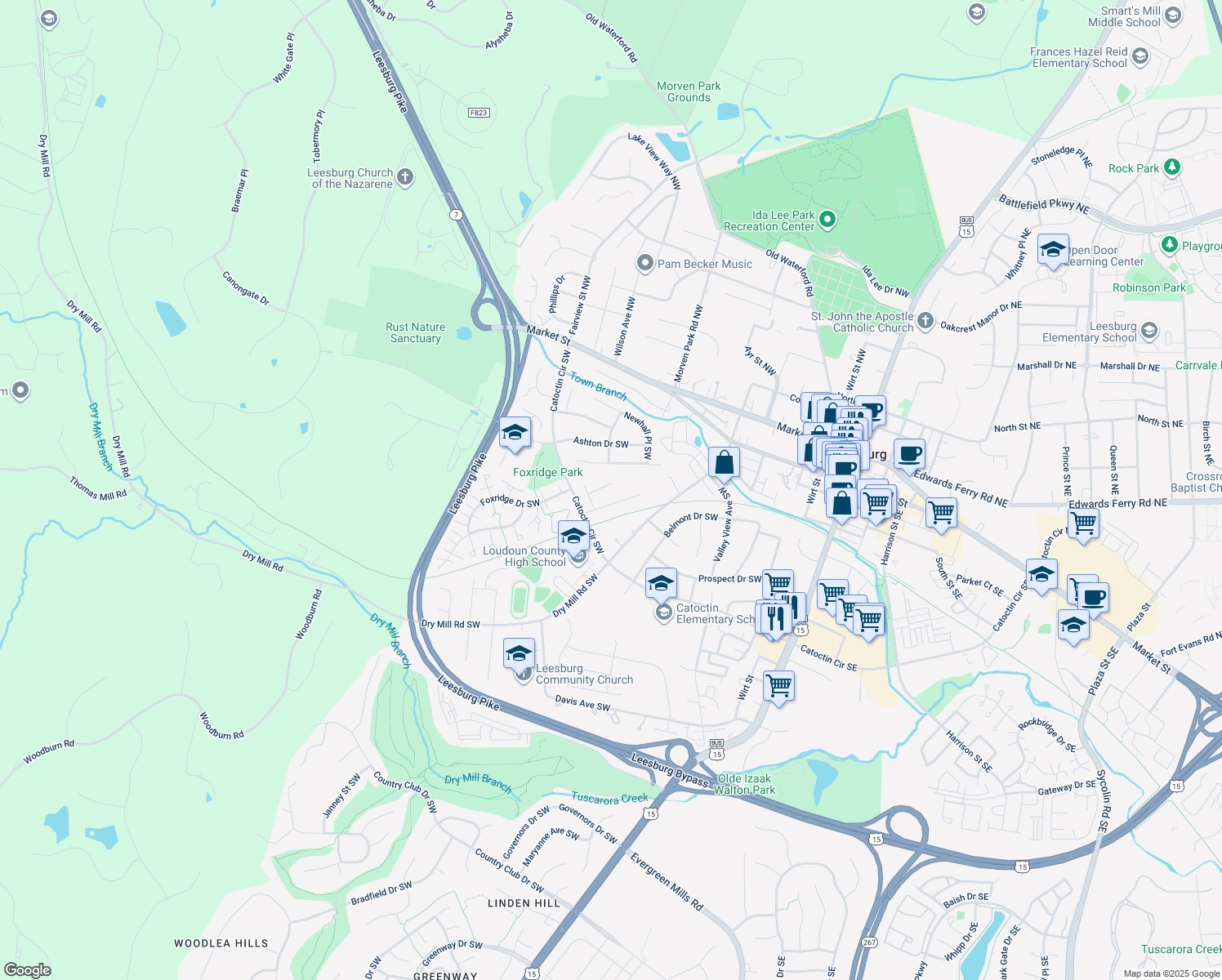map of restaurants, bars, coffee shops, grocery stores, and more near 208 Primrose Court Southwest in Leesburg