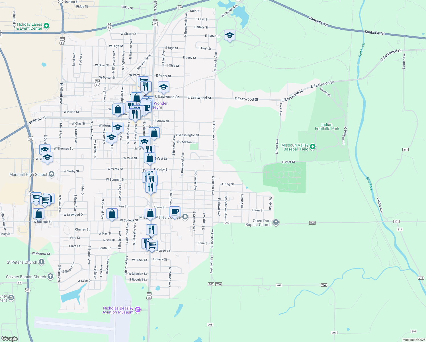 map of restaurants, bars, coffee shops, grocery stores, and more near 698 E Yerby St in Marshall