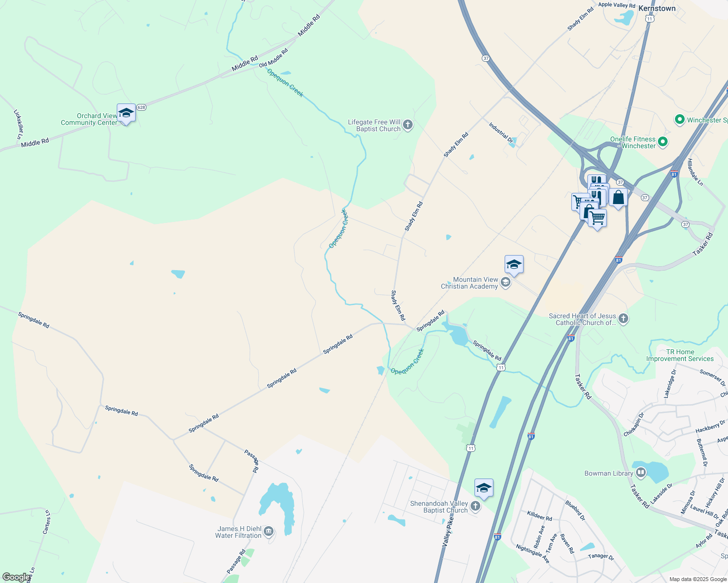 map of restaurants, bars, coffee shops, grocery stores, and more near 970 Shady Elm Rd in Winchester