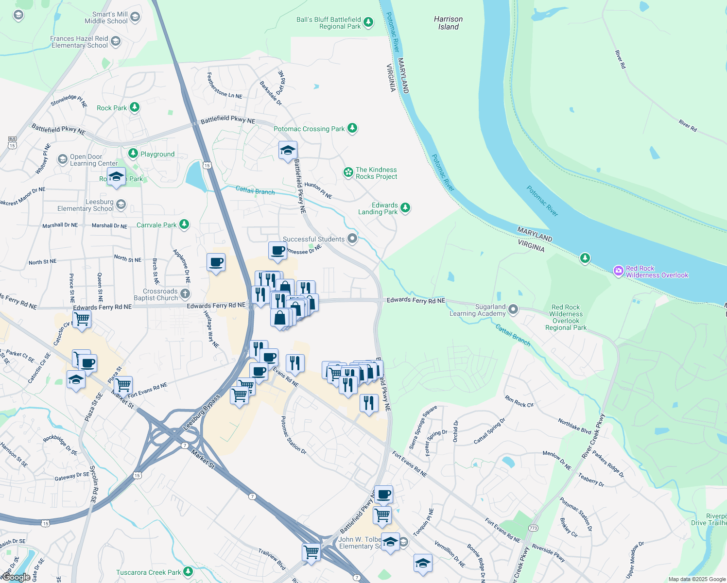 map of restaurants, bars, coffee shops, grocery stores, and more near 611 Battery Terrace Northeast in Leesburg