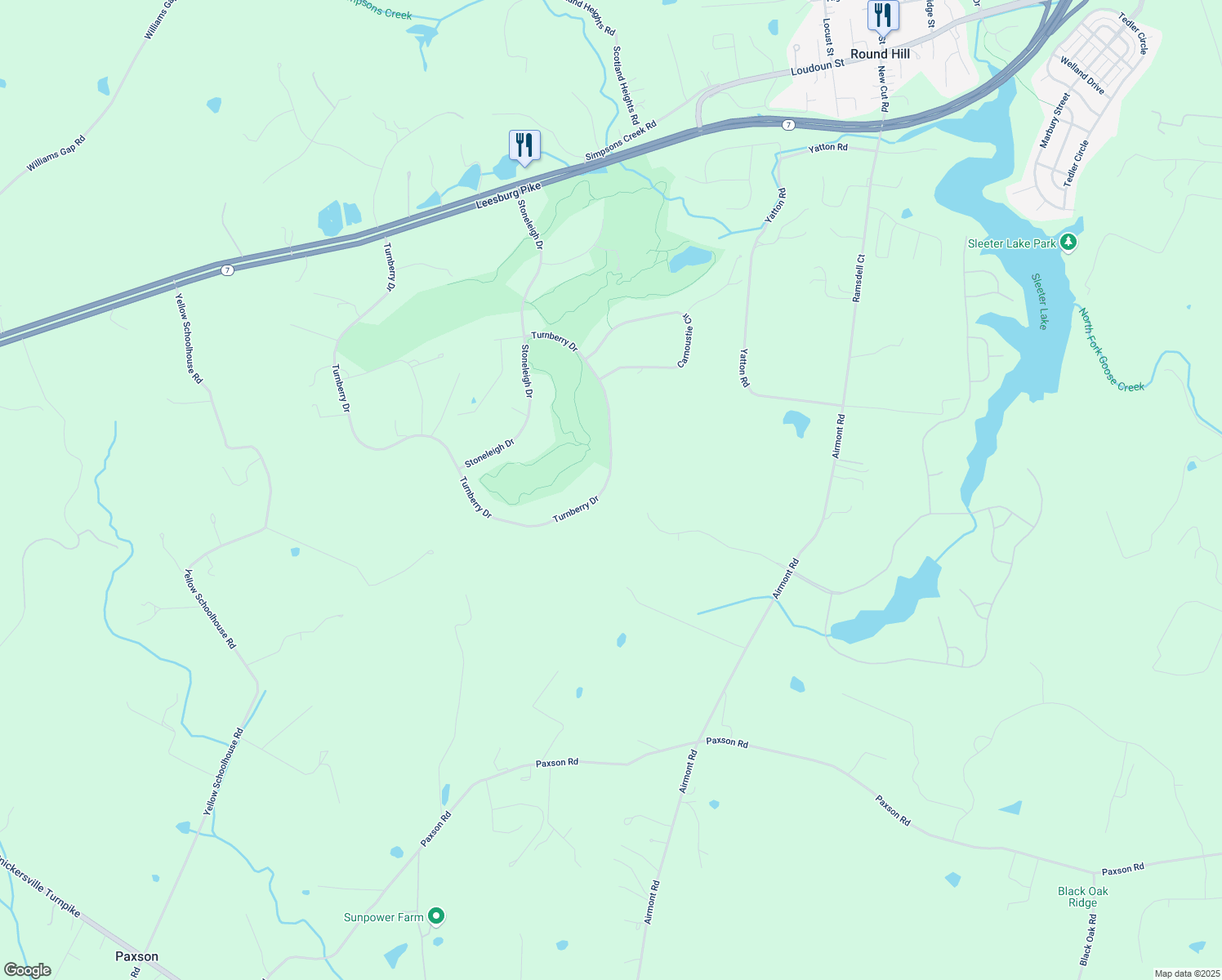 map of restaurants, bars, coffee shops, grocery stores, and more near 18050 Turnberry Drive in Round Hill