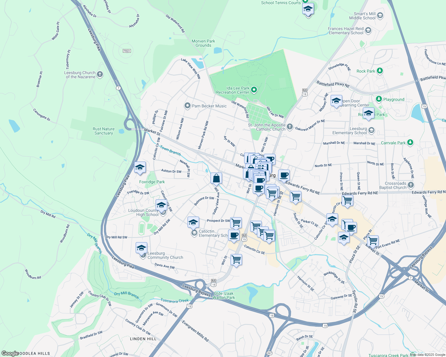 map of restaurants, bars, coffee shops, grocery stores, and more near 224 Occoquan Terrace Southwest in Leesburg