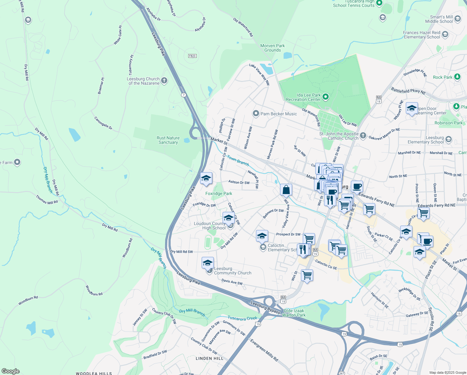 map of restaurants, bars, coffee shops, grocery stores, and more near 208 Wingate Place Southwest in Leesburg