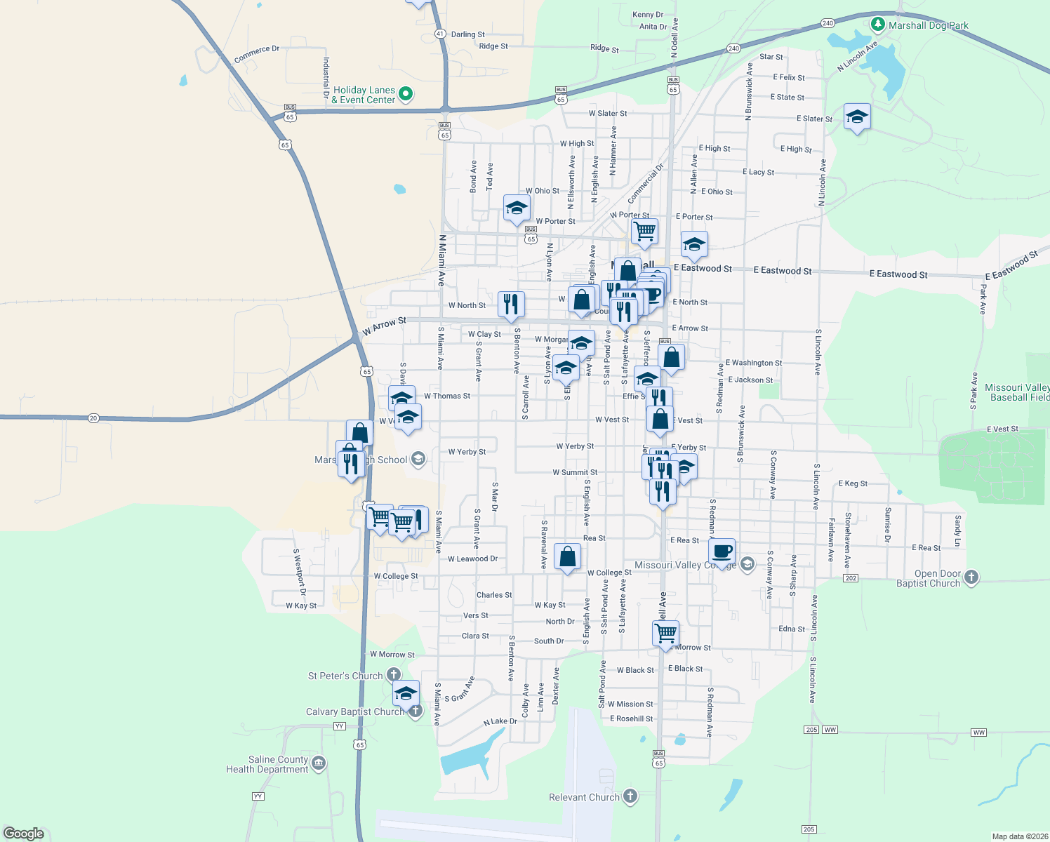 map of restaurants, bars, coffee shops, grocery stores, and more near 588 W Vest St in Marshall