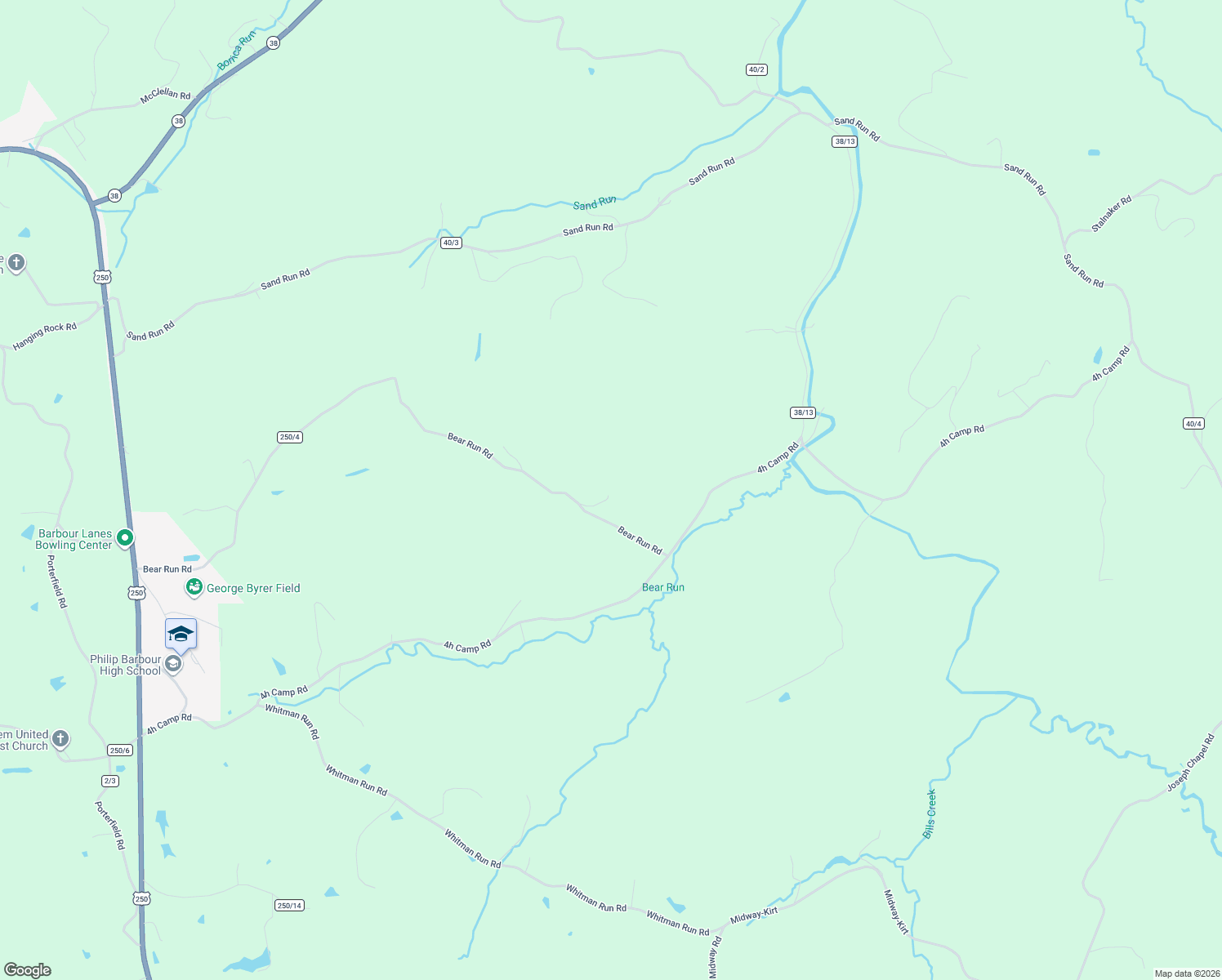 map of restaurants, bars, coffee shops, grocery stores, and more near 1671 Bear Run Road in Philippi