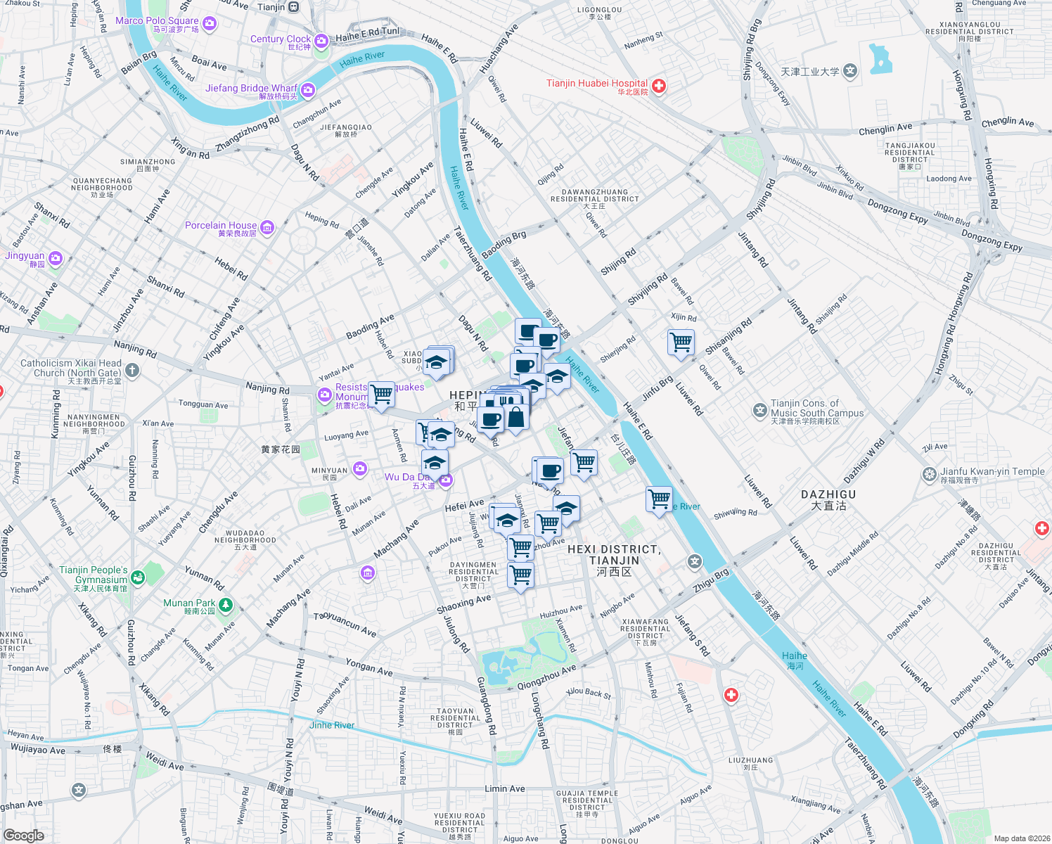 map of restaurants, bars, coffee shops, grocery stores, and more near in Tianjin
