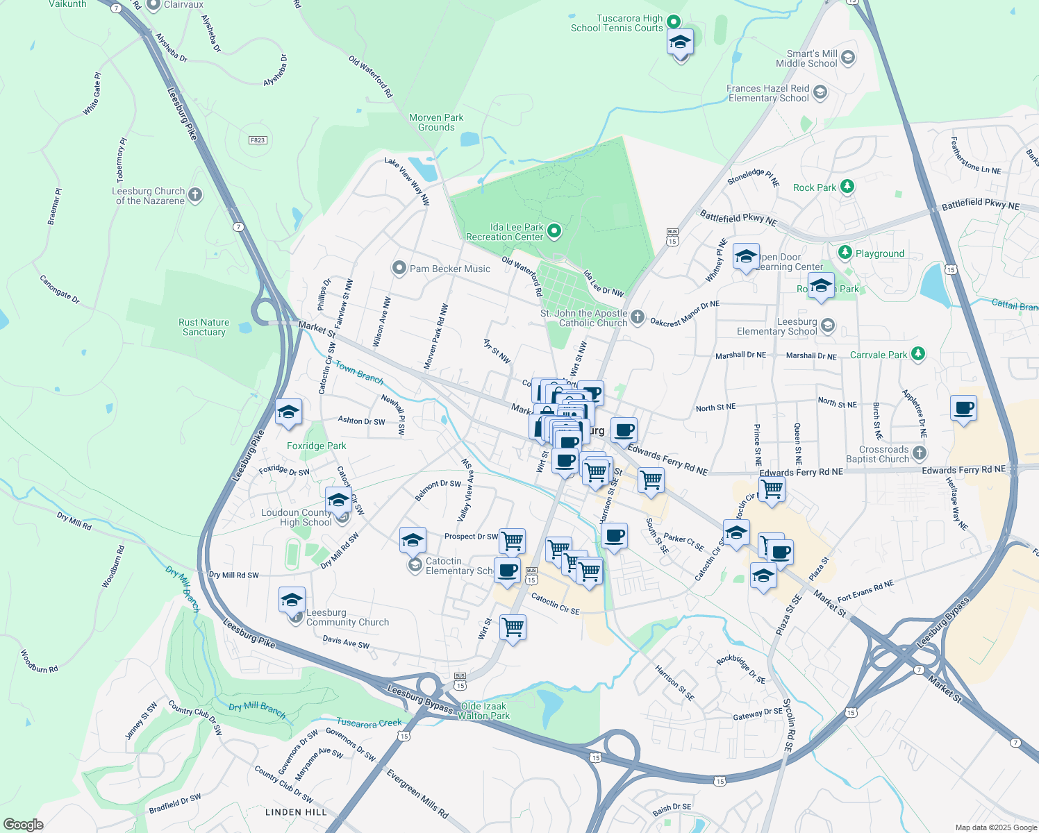 map of restaurants, bars, coffee shops, grocery stores, and more near 215 West Market Street in Leesburg