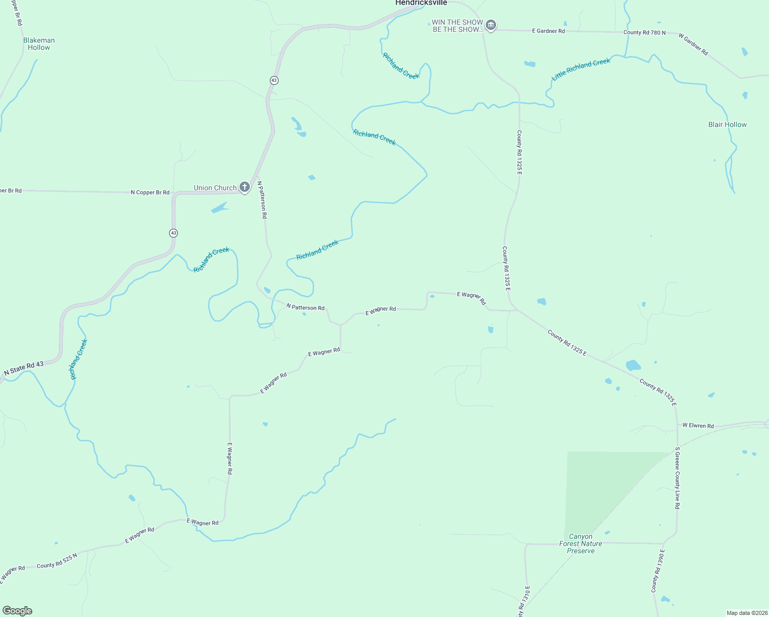 map of restaurants, bars, coffee shops, grocery stores, and more near County Road 1250 East in Greene County