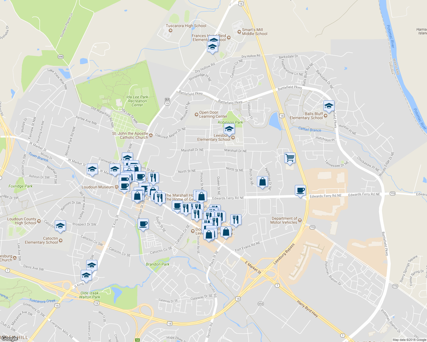 map of restaurants, bars, coffee shops, grocery stores, and more near 505 North Street Northeast in Leesburg