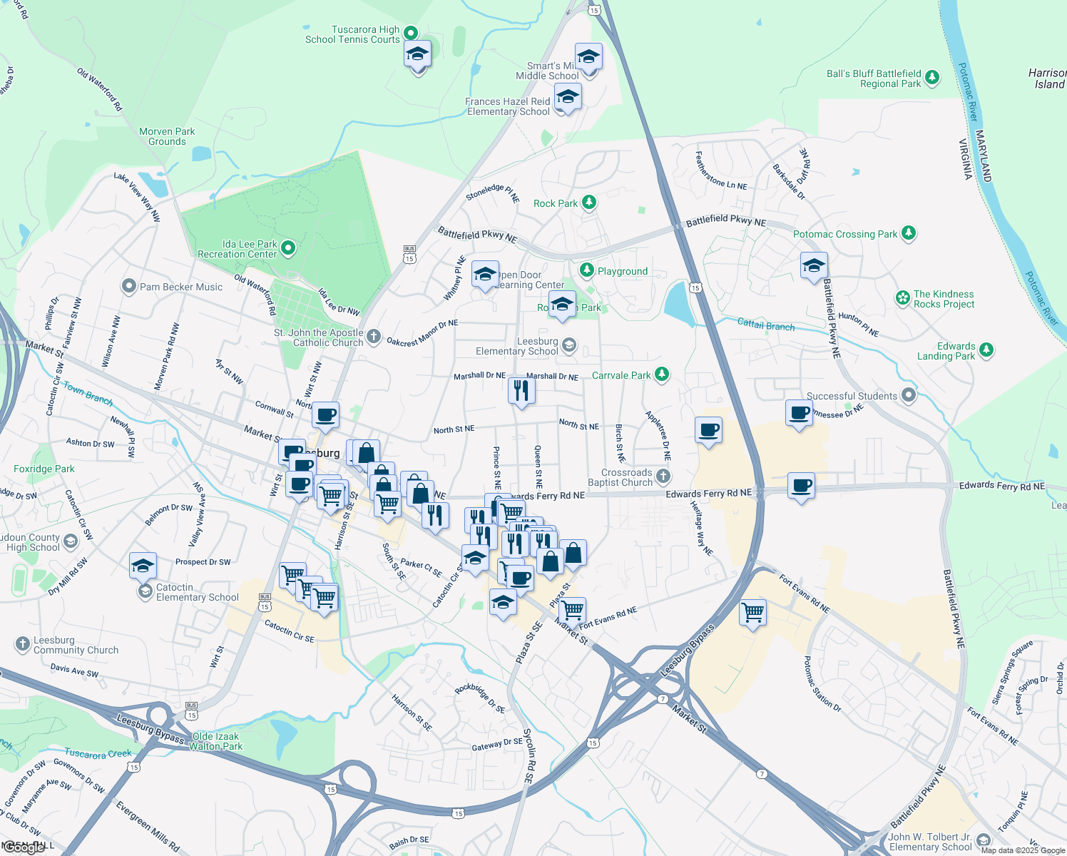 map of restaurants, bars, coffee shops, grocery stores, and more near 511 North Street Northeast in Leesburg