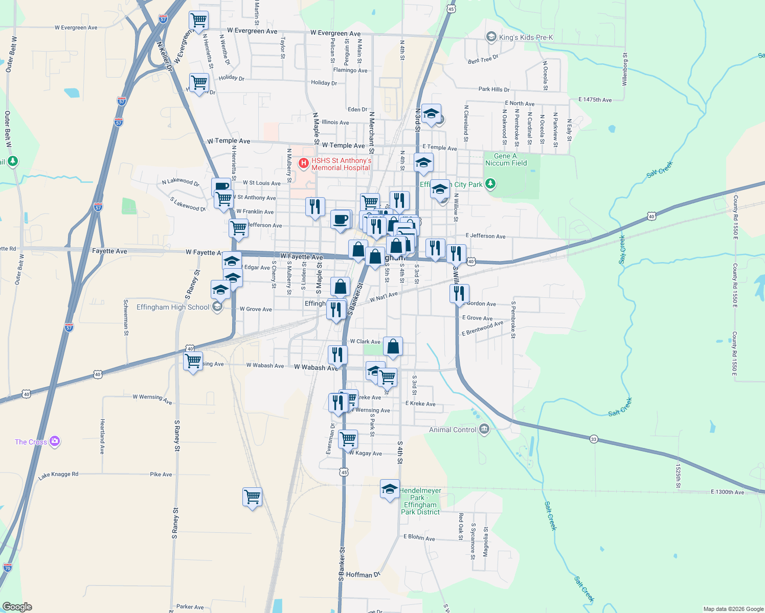 map of restaurants, bars, coffee shops, grocery stores, and more near 605 S 5th St in Effingham
