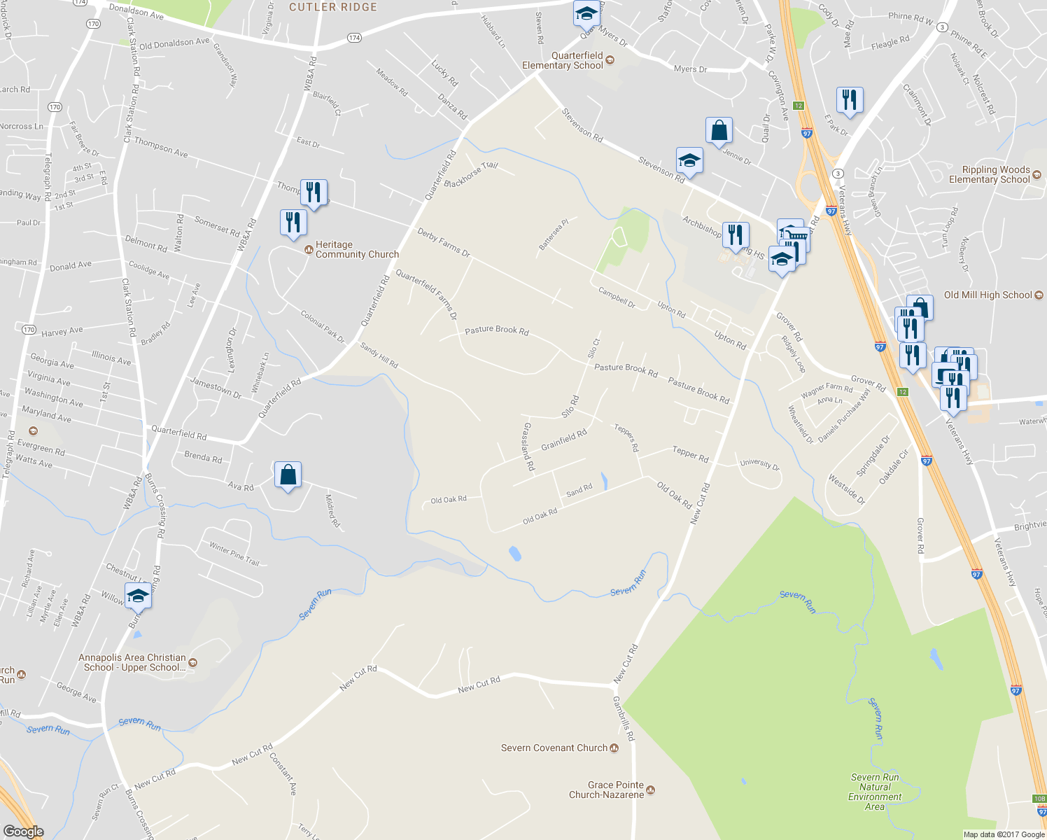 map of restaurants, bars, coffee shops, grocery stores, and more near 8181 Silo Road in Severn