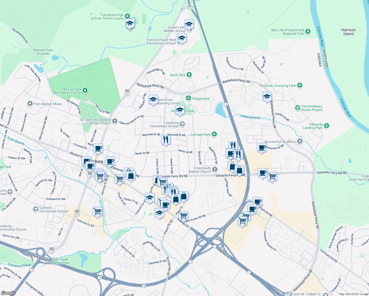 map of restaurants, bars, coffee shops, grocery stores, and more near 605 Nathan Place Northeast in Leesburg