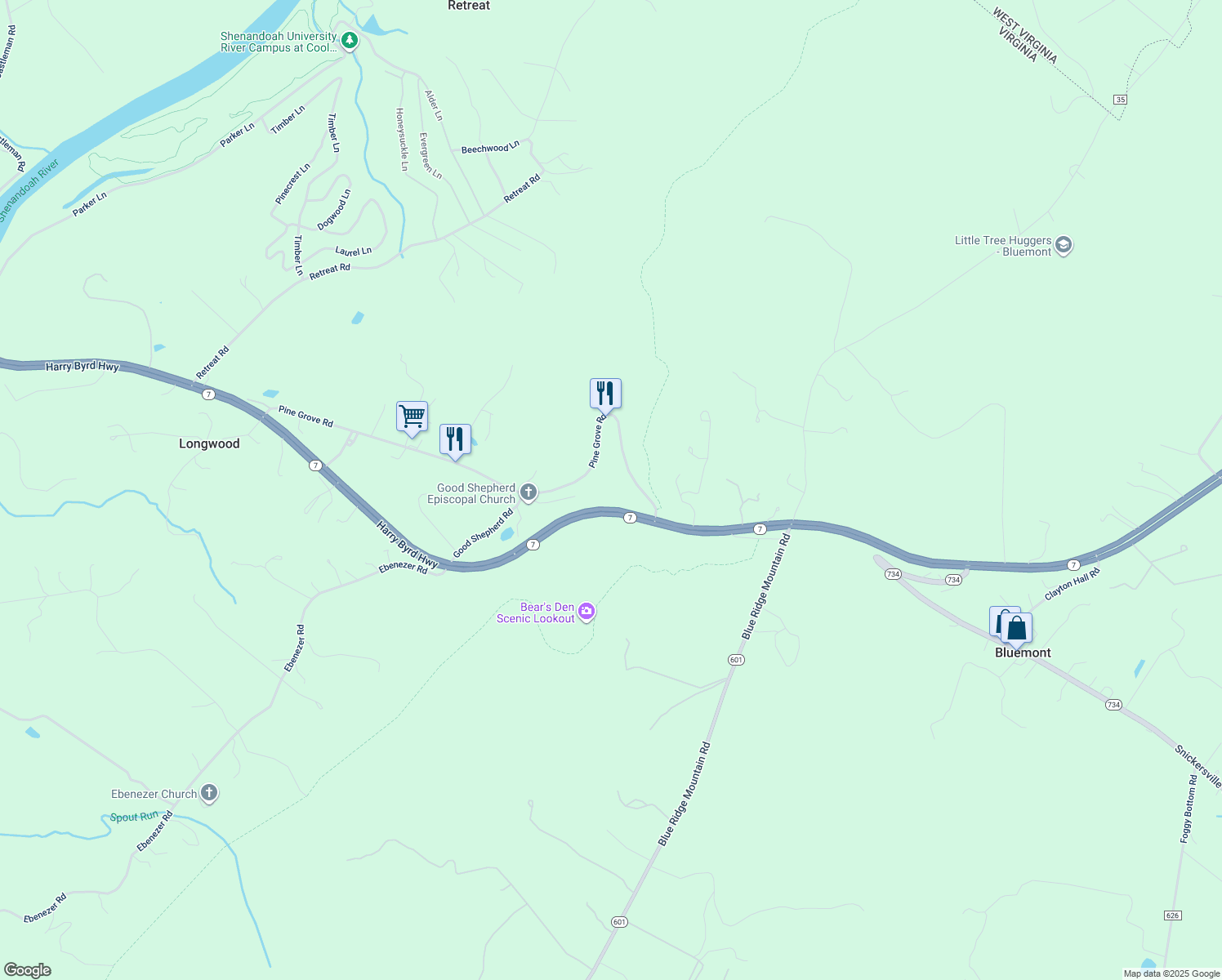 map of restaurants, bars, coffee shops, grocery stores, and more near 950 Pine Grove Road in Bluemont