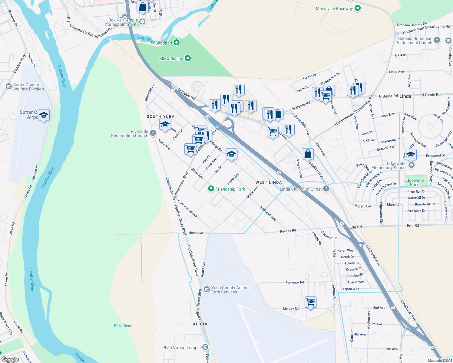 map of restaurants, bars, coffee shops, grocery stores, and more near 1075 Laurel Avenue in Olivehurst