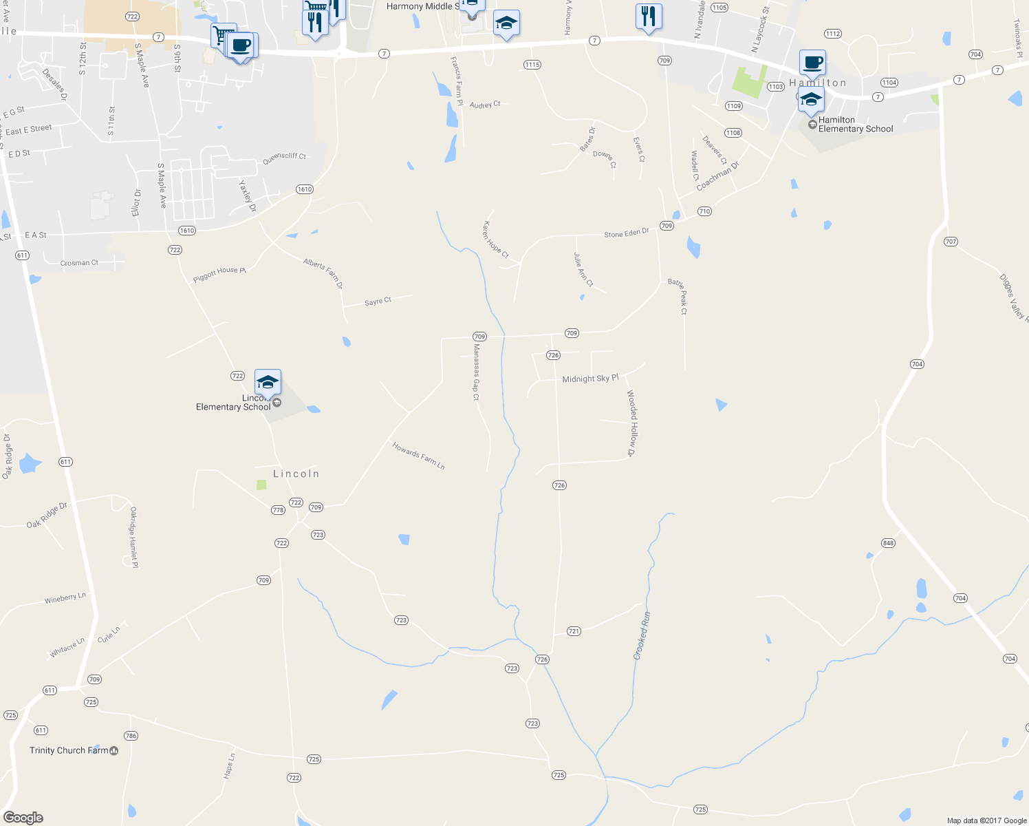 map of restaurants, bars, coffee shops, grocery stores, and more near 38220 Alfalfa Court in Hamilton