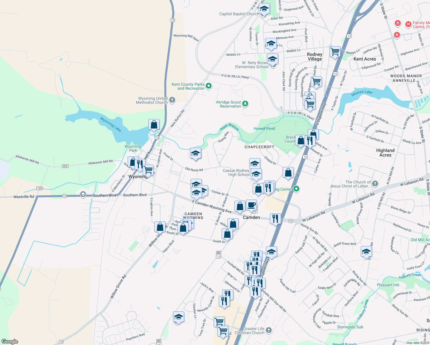 map of restaurants, bars, coffee shops, grocery stores, and more near 104 Thornley Drive in Camden