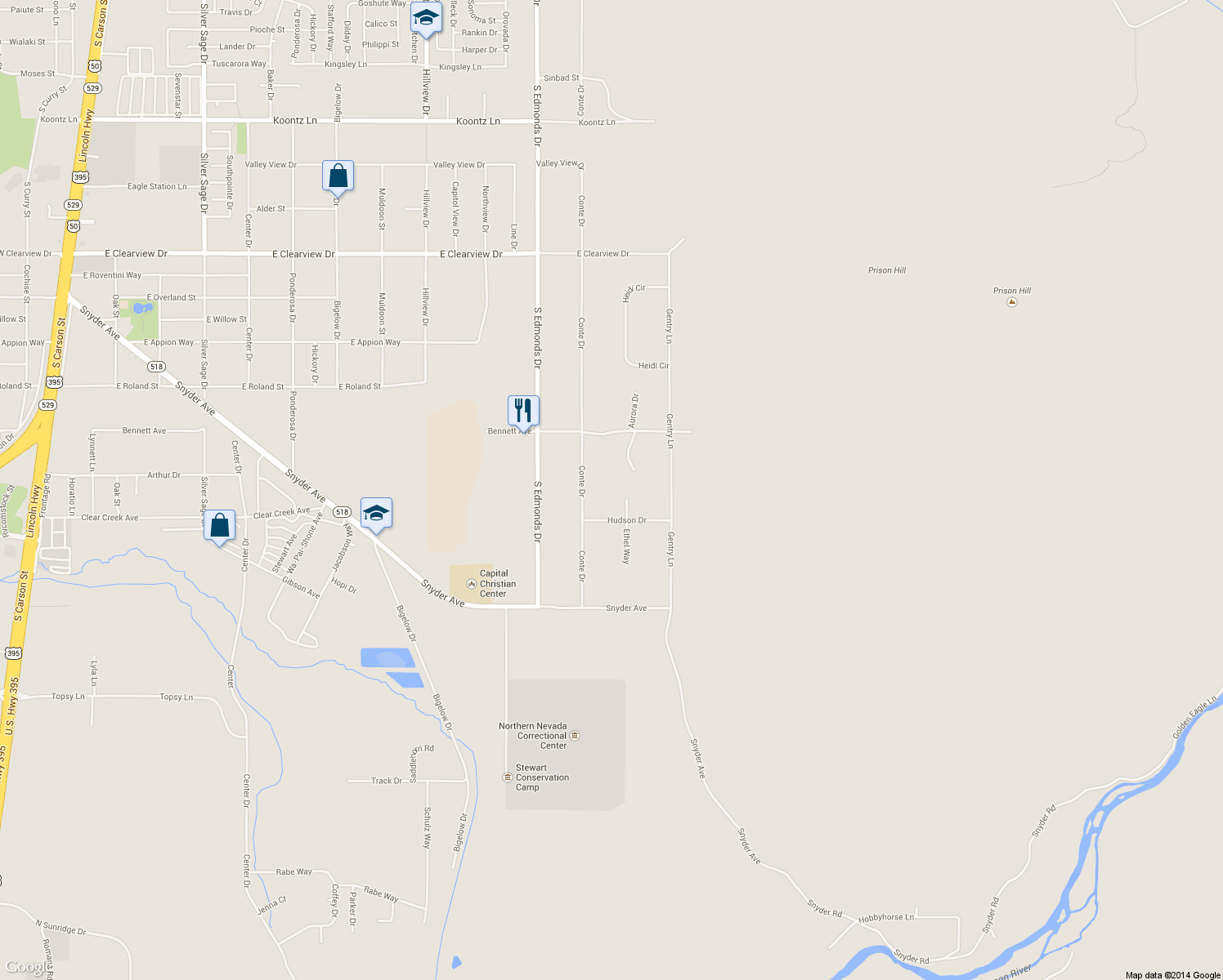 map of restaurants, bars, coffee shops, grocery stores, and more near 5370 Ethel Way in Carson City
