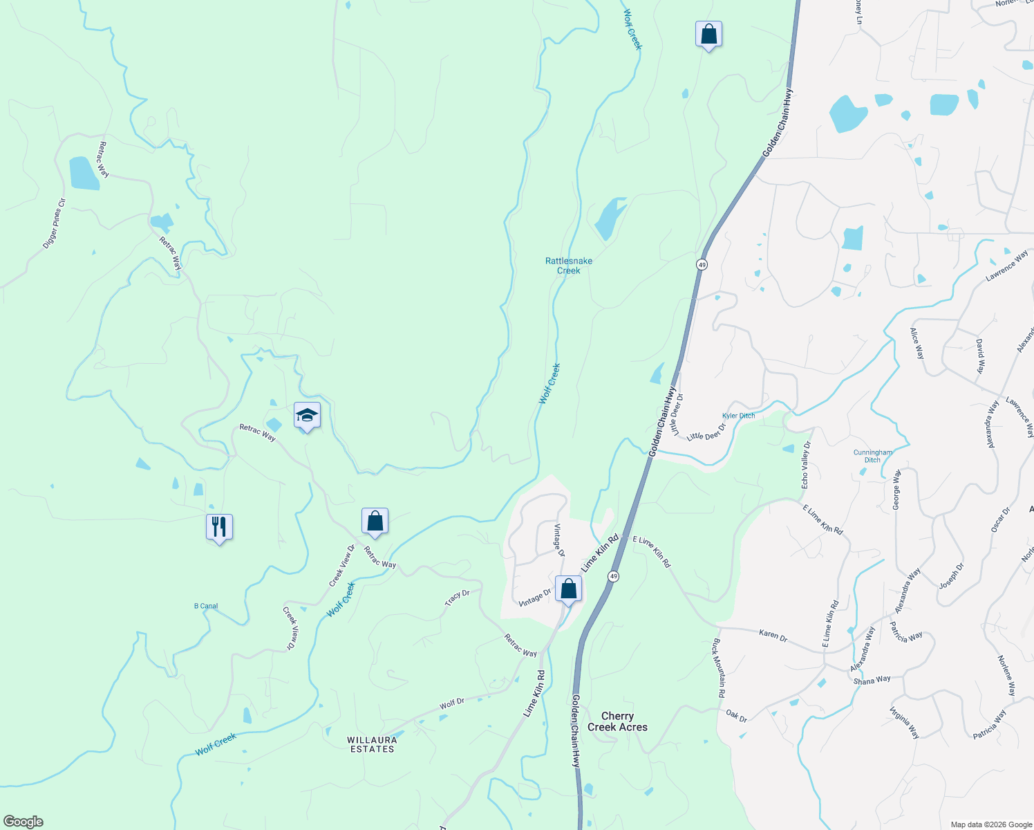 map of restaurants, bars, coffee shops, grocery stores, and more near 17500 Scopar Road in Grass Valley