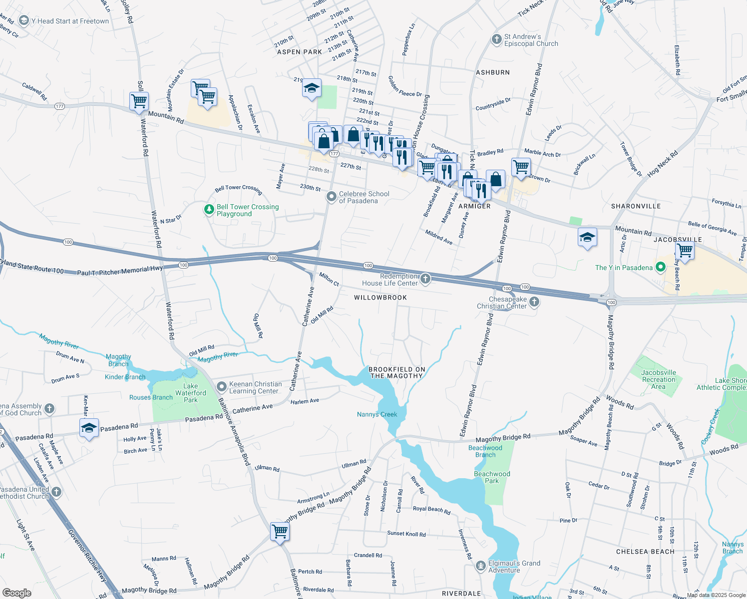 map of restaurants, bars, coffee shops, grocery stores, and more near 1204 Will O Brook Drive in Pasadena