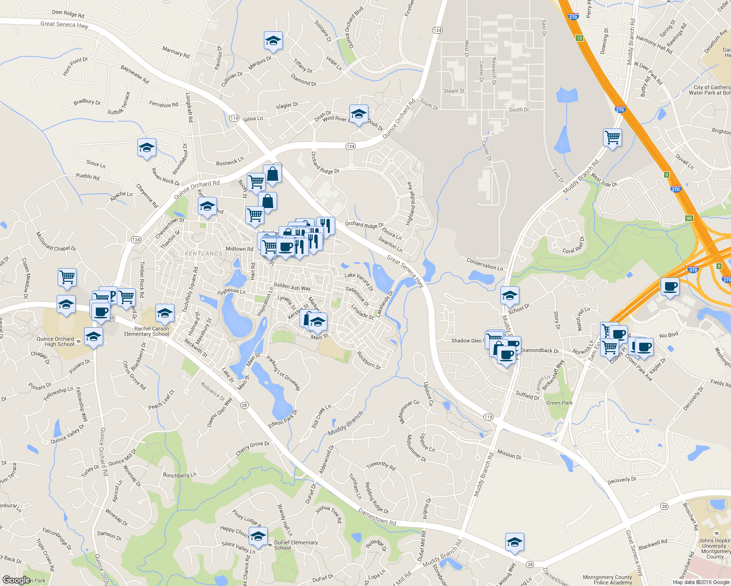 map of restaurants, bars, coffee shops, grocery stores, and more near 746 Lake Varuna Mews in Gaithersburg