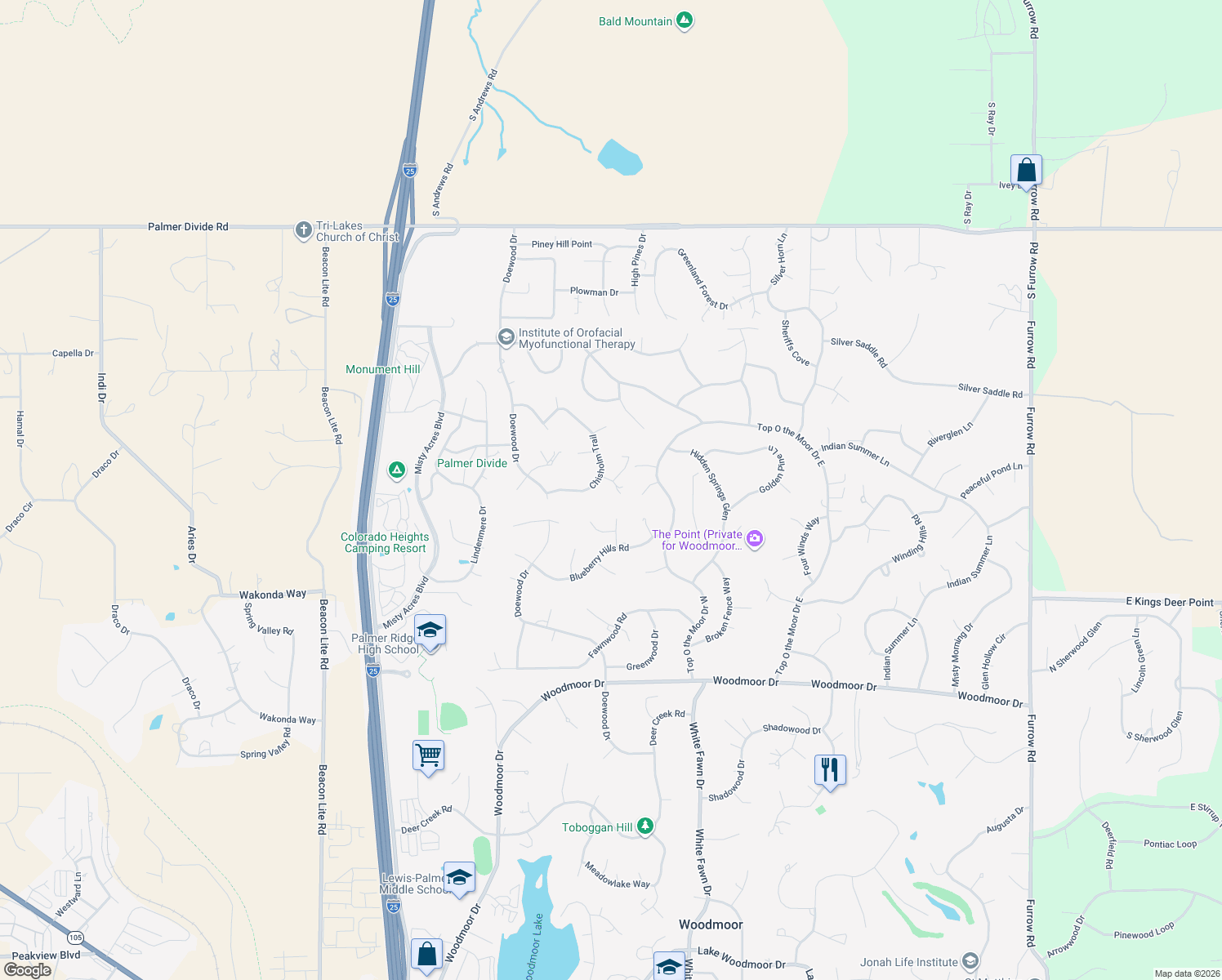 map of restaurants, bars, coffee shops, grocery stores, and more near 1363 Old Cedar Cove in Monument